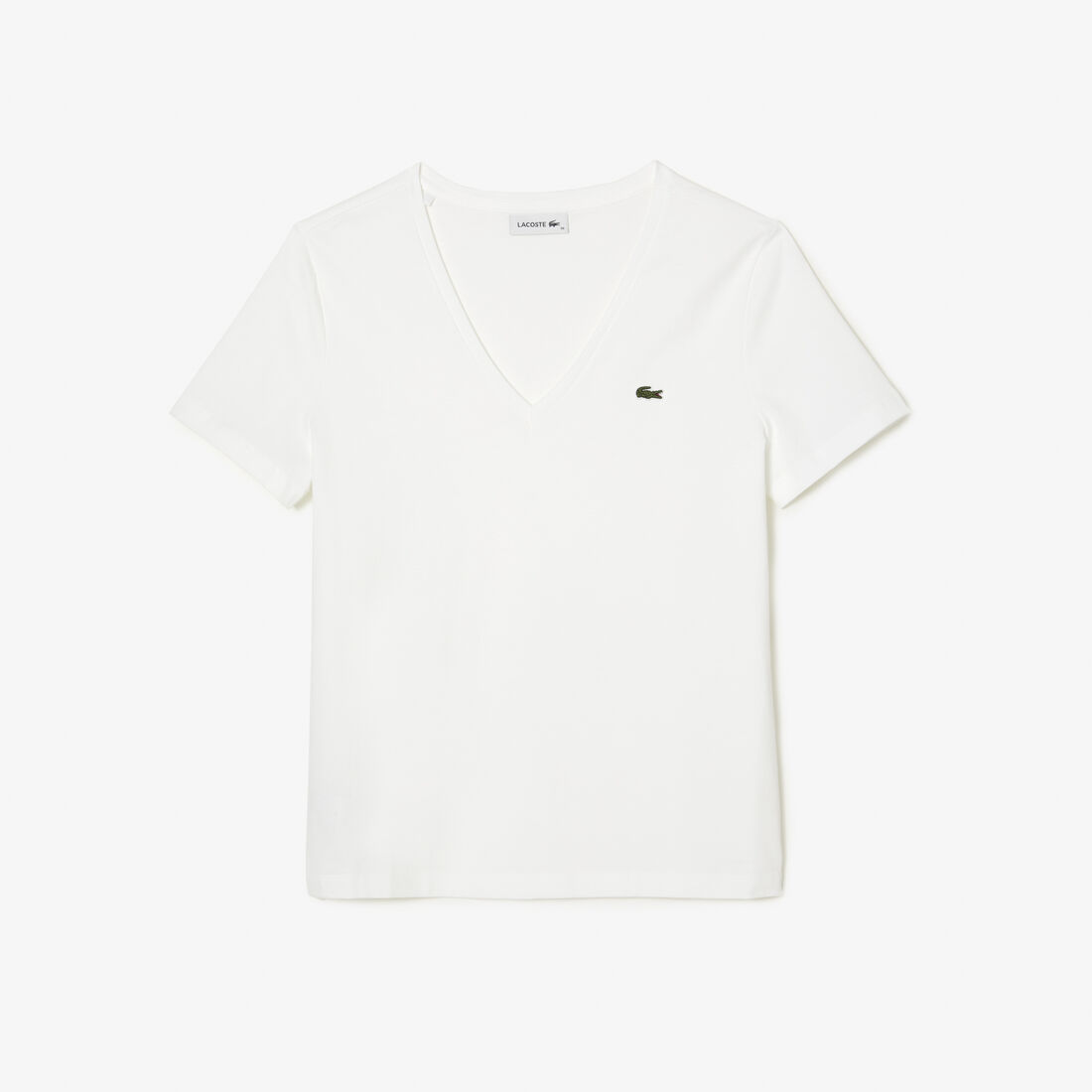 تي شيرت بقصّة عادية وطبعة مميزة لكلمة Lacoste Women's V-neck Loose Fit Cotton T-shirt - TF8392-00-001