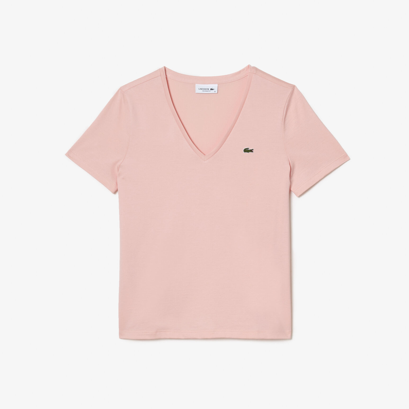 تي شيرت بقصّة عادية وطبعة مميزة لكلمة Lacoste Women's V-neck Loose Fit Cotton T-shirt - TF8392-00-SFI