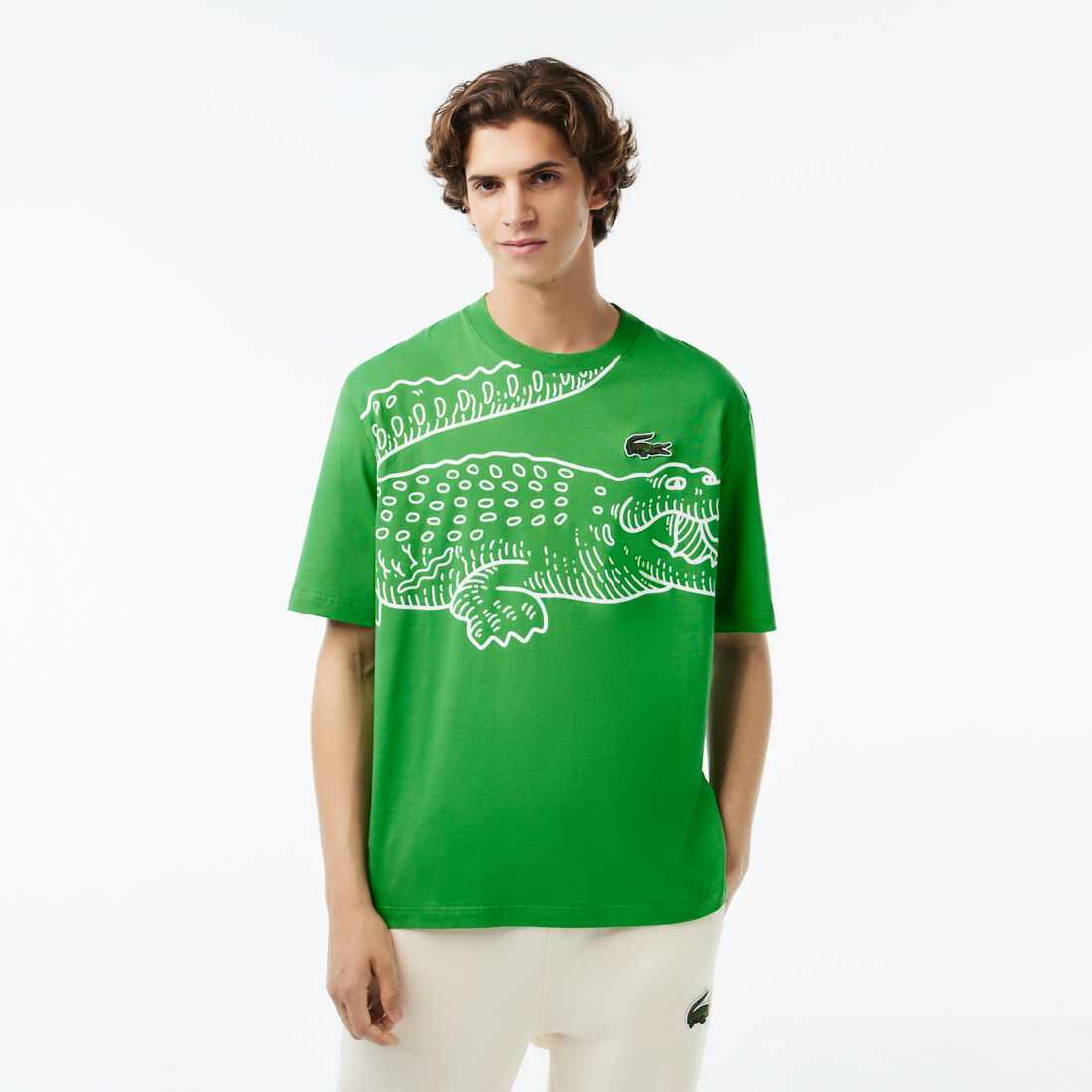 Men's Lacoste Round Neck Loose Fit Crocodile Print T-shirt - TH5511-00-SIW