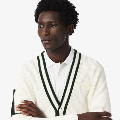 lacoste badge accent wool blend golf cardigan