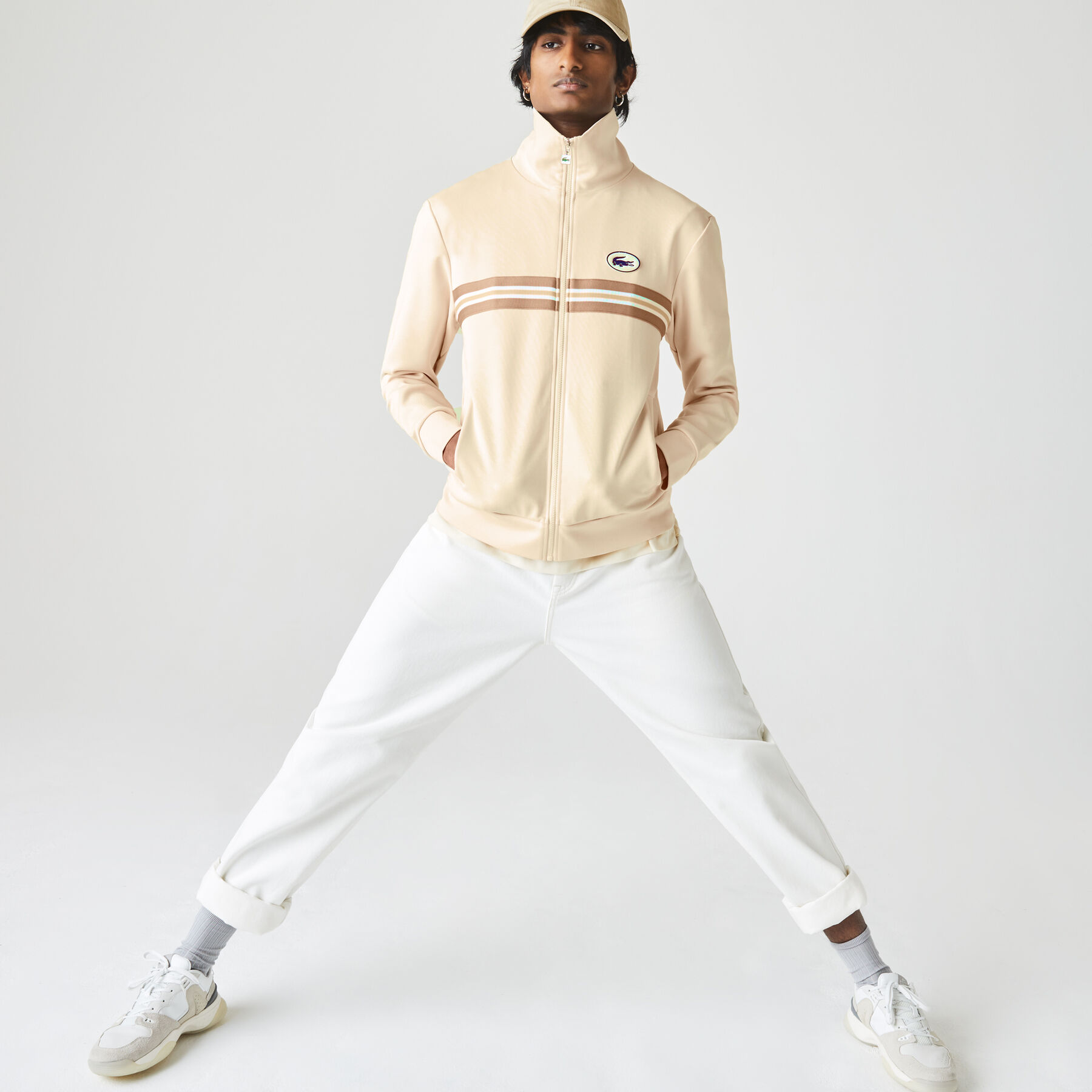 lacoste men s heritage striped band and badge zip sweatshirt