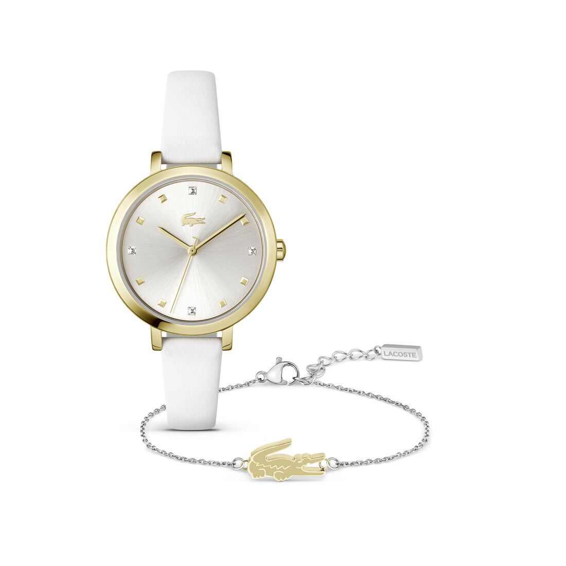 طقم هدية ساعة بسوار جلدي أبيض ومجوهرات White Leather Watch and Jewelry Gift Set - 2070057-SLV