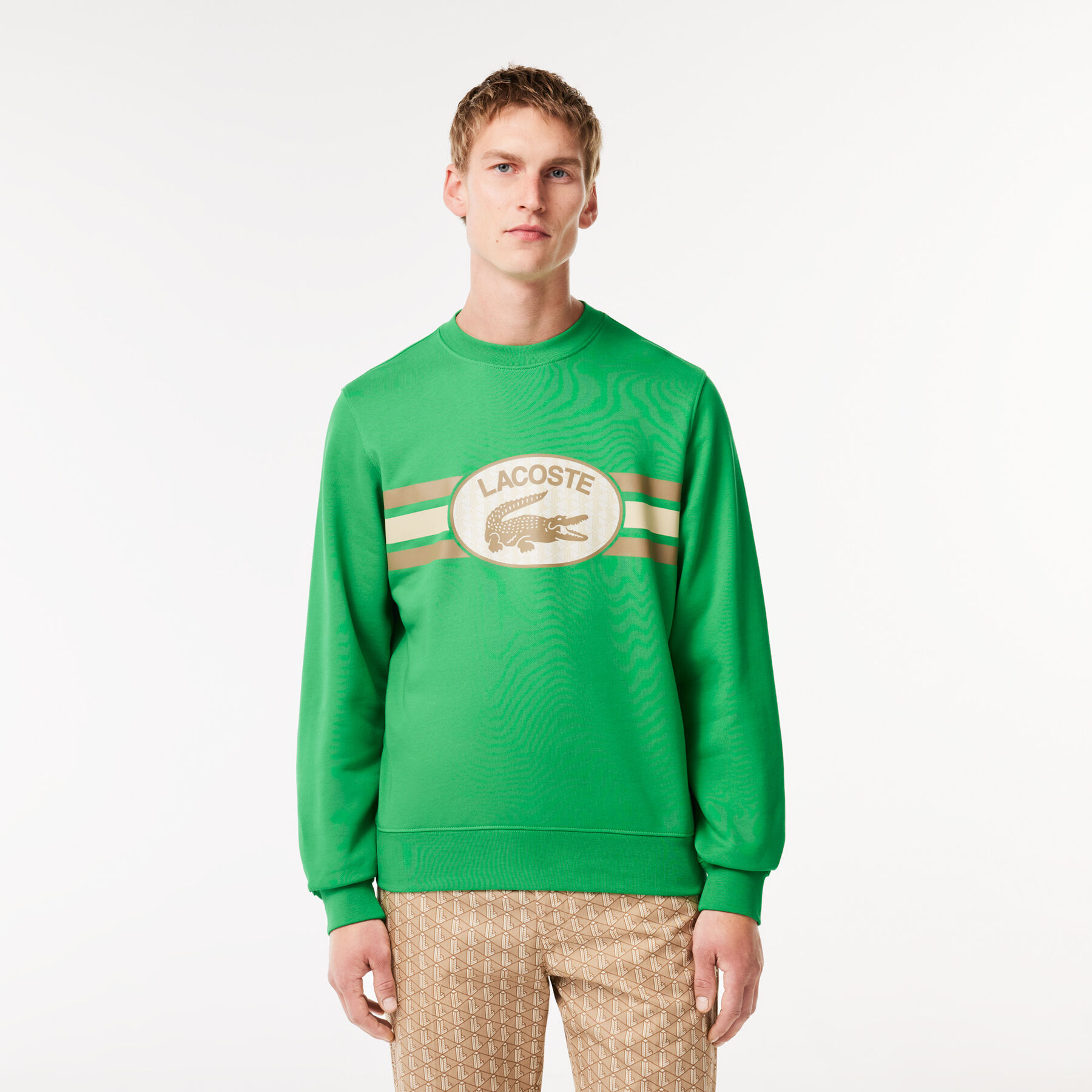 lacoste loose fit monogram print fleece sweatshirt