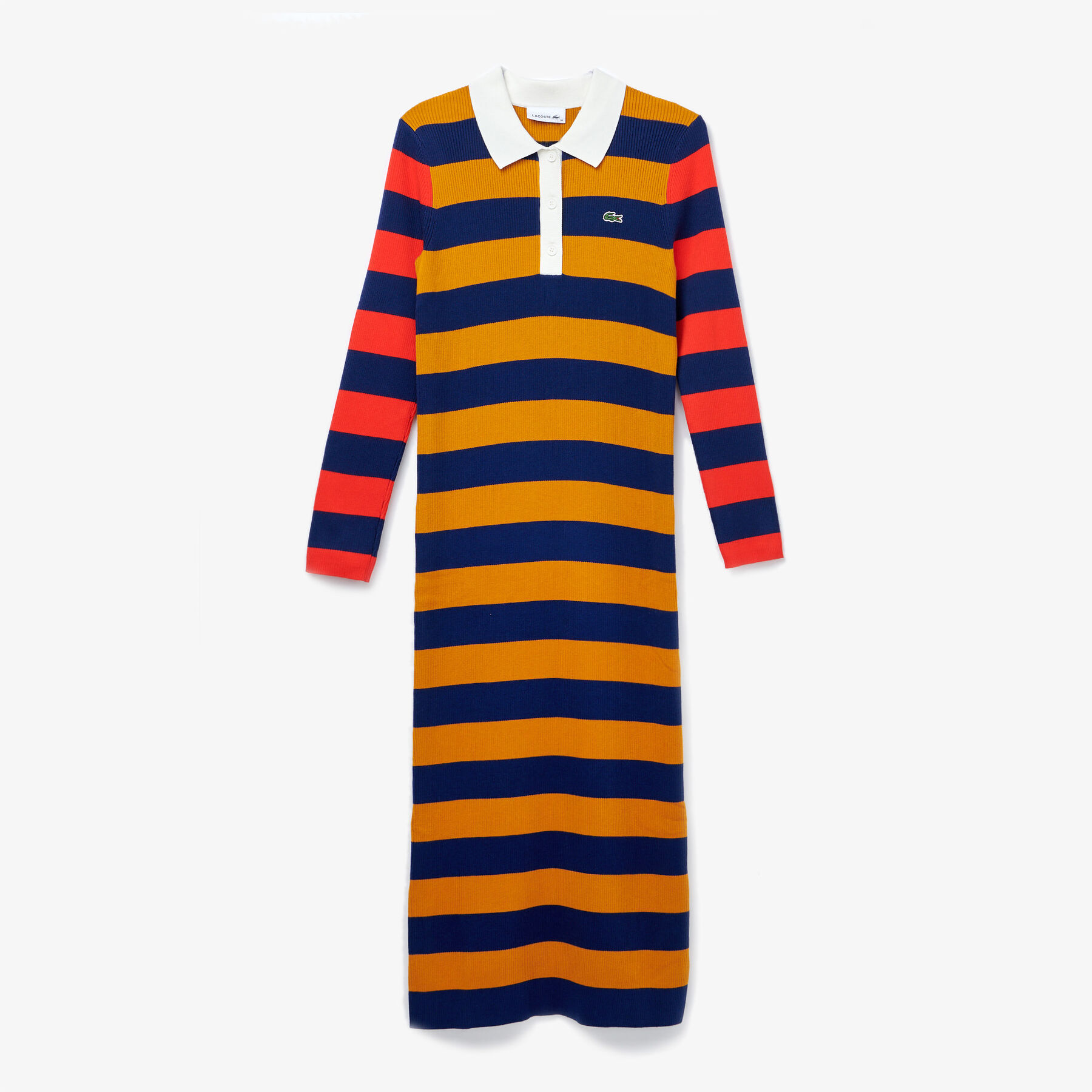 Women’s Fitted Striped Ribbed Mid-Length Polo Dress lacoste women s fitted striped ribbed mid length polo dress