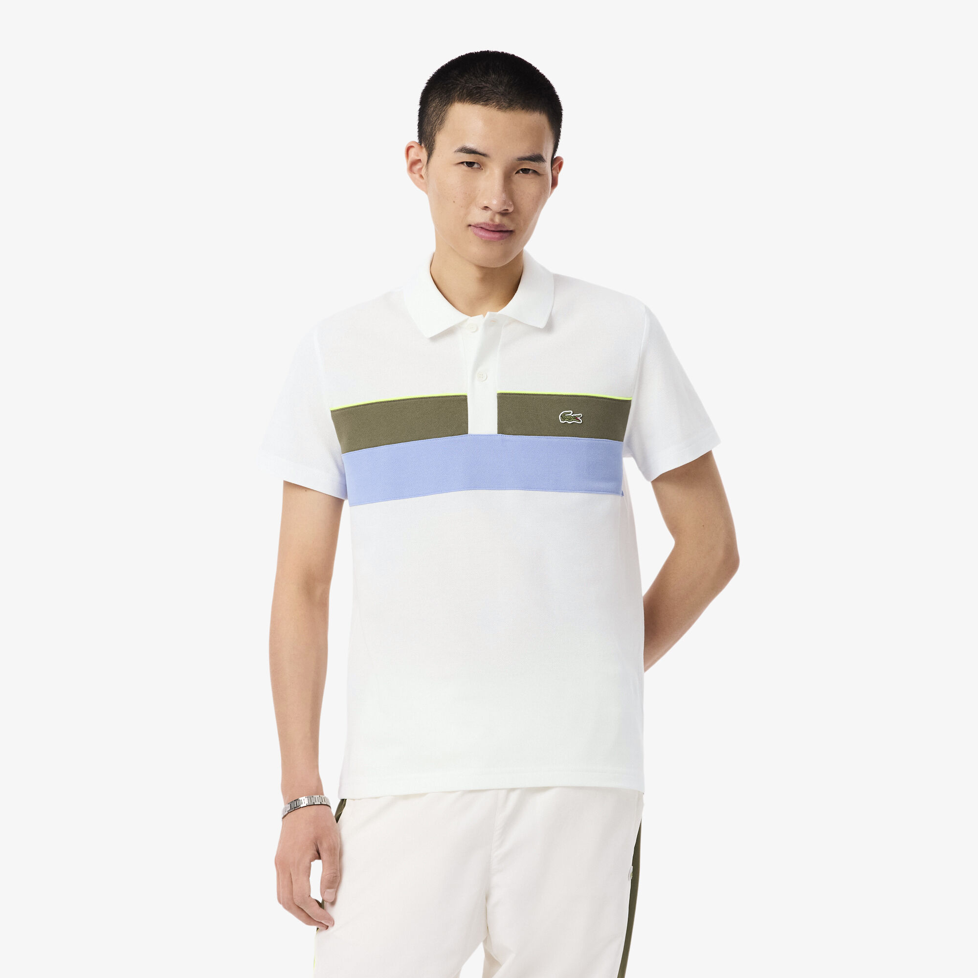 Regular Fit Colour-Block Petit Pique Polo Shirt, White / Khaki