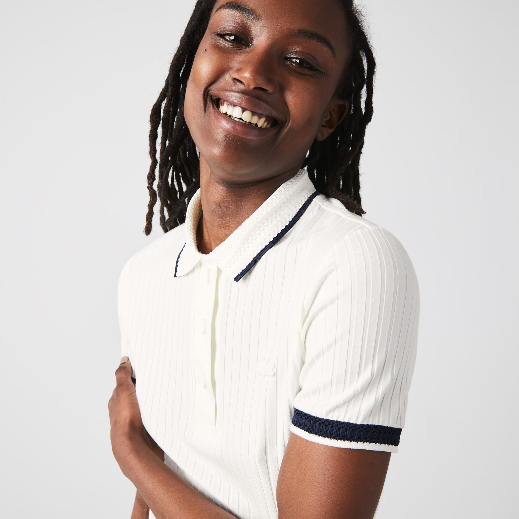 Women's Lacoste Slim Fit Crochet Collar Ribbed Polo Shirt Women's Lacoste Slim Fit Crochet Collar Ribbed Polo Shirt