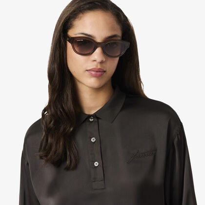 Long Sleeved Oversized Satin Polo Shirt