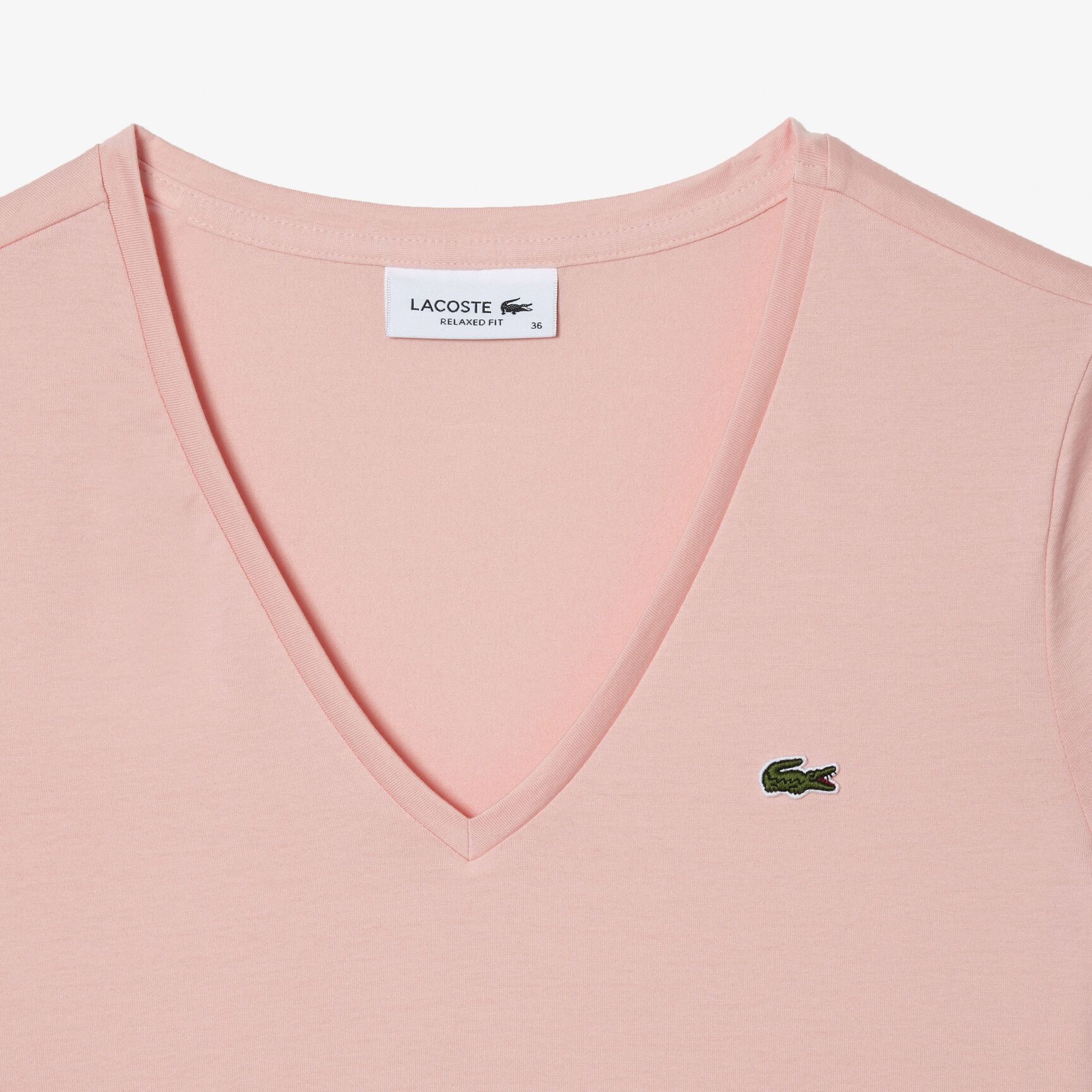 تي شيرت بقصّة عادية وطبعة مميزة لكلمة Lacoste Women's V-neck Loose Fit Cotton T-shirt - TF8392-00-SFI