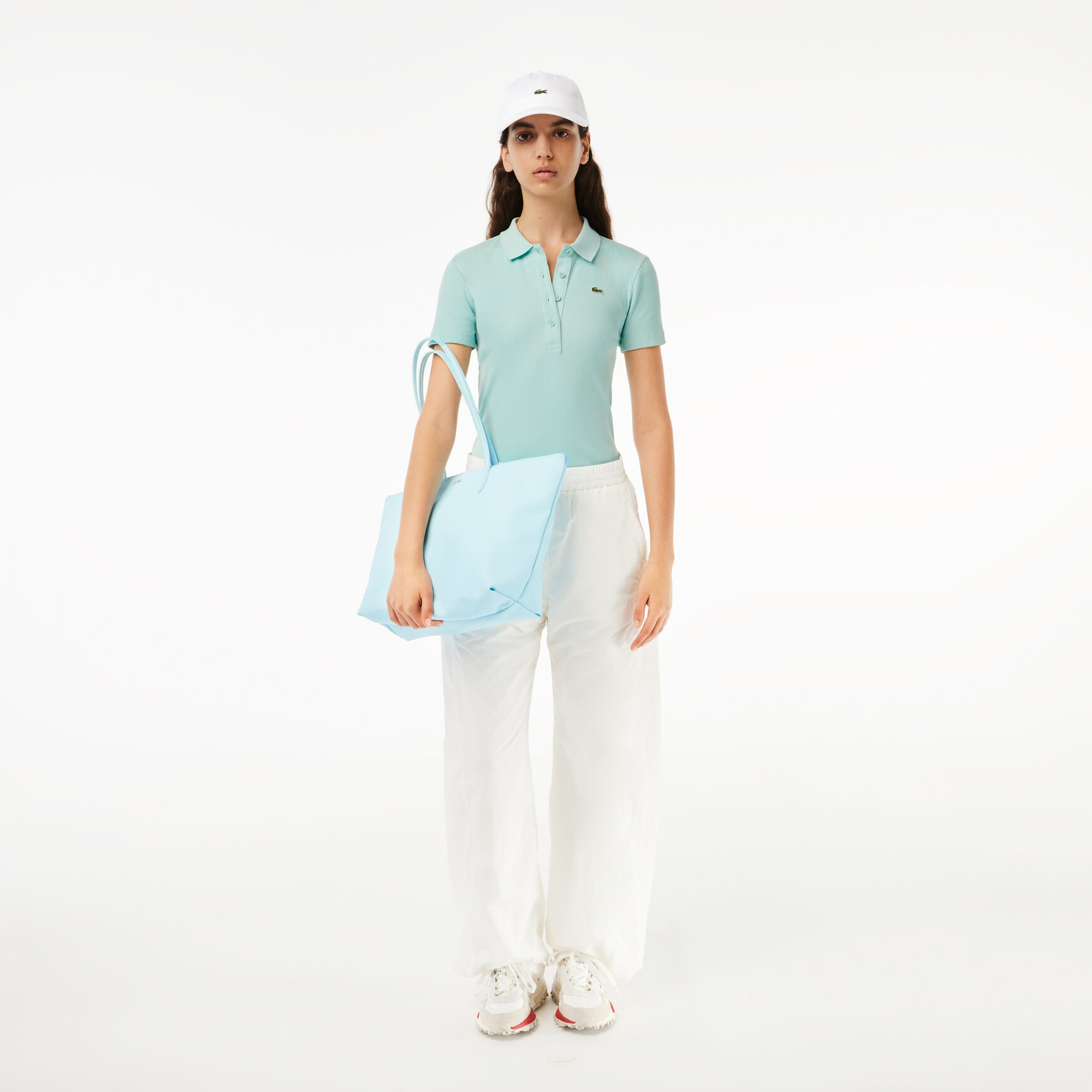 تيشيرت بولو L.12.D بقصة ضيقة من القطن المضلع Women's Lacoste Slim Fit Organic Cotton Polo Shirt - DF5377-00-LGF