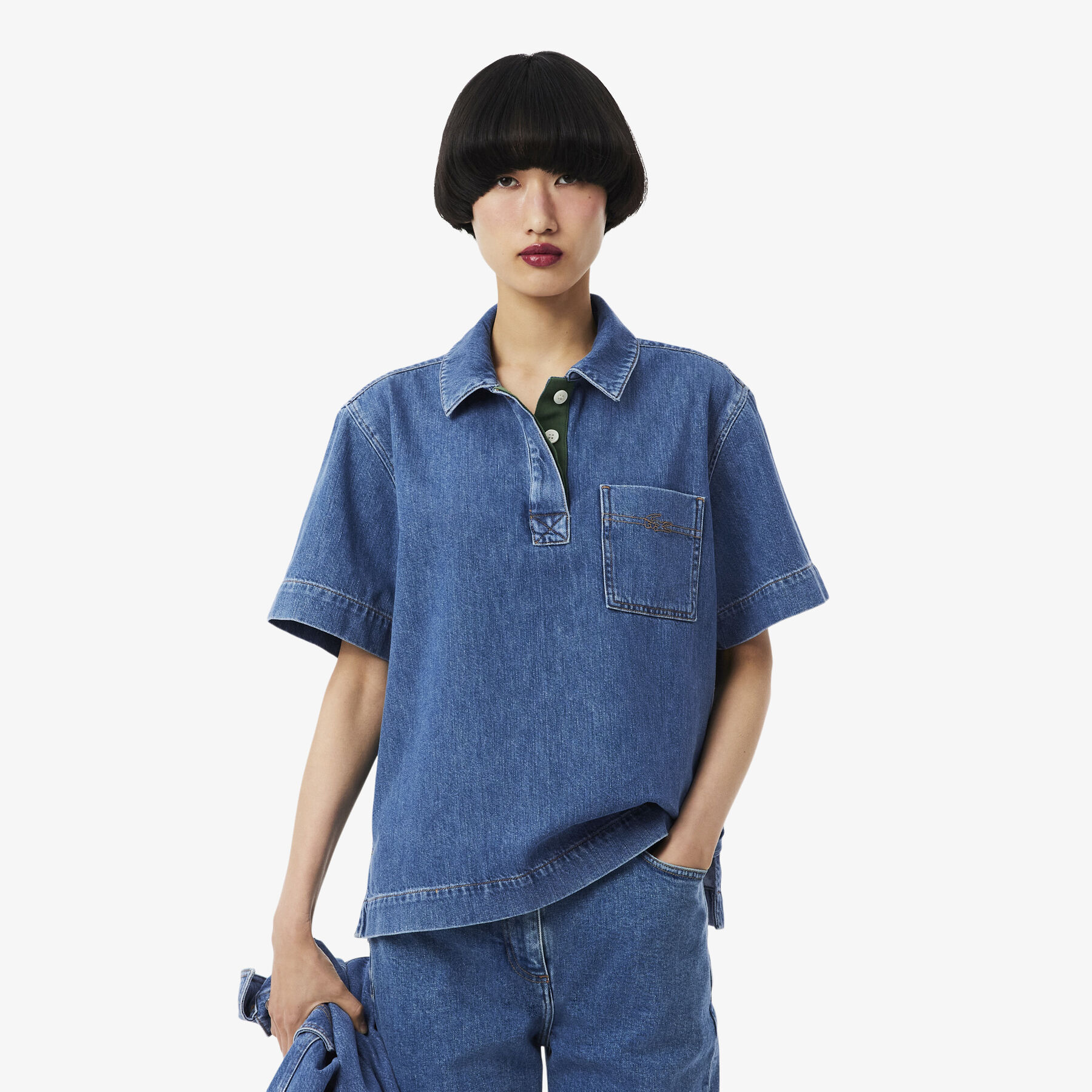 قميص بولو جينز خفيف الوزن وواسع Oversized Lightweight Denim Polo Shirt - CF0051-00-36L