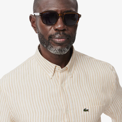 قميص كتان مخطط بقصّة عادية