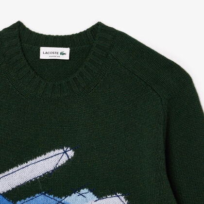 Crocodile Motif Wool Crew Neck Sweater