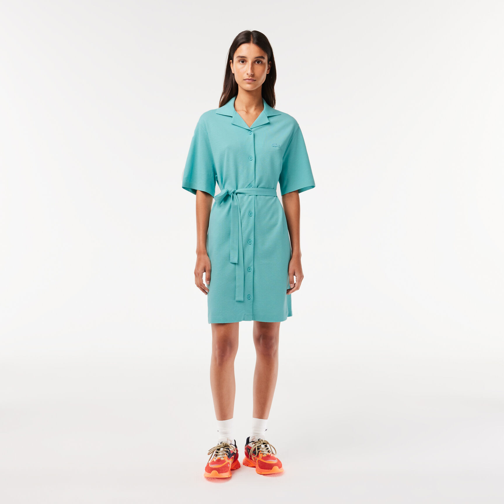 فستان لاكوست مزيج قطن وكتان بحزام وأزرار للنساء Women’s Lacoste Linen/Cotton Blend Belted Button Dress - EF7765-00-BVG