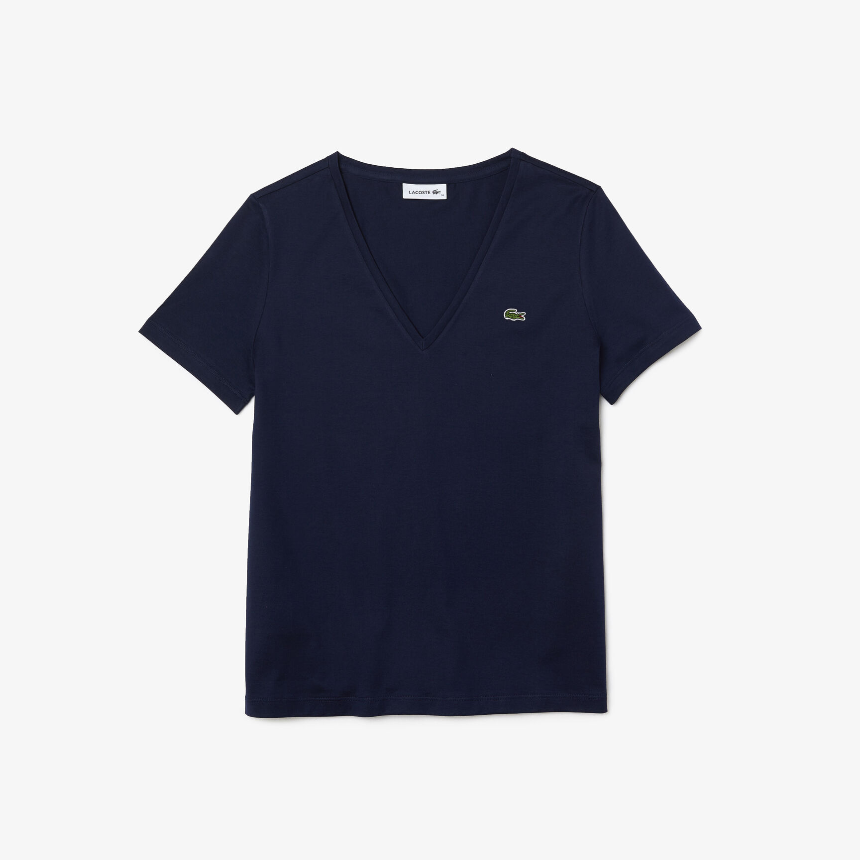 تي شيرت بقصّة عادية وطبعة مميزة لكلمة Lacoste Women's V-neck Loose Fit Cotton T-shirt - TF8392-00-166