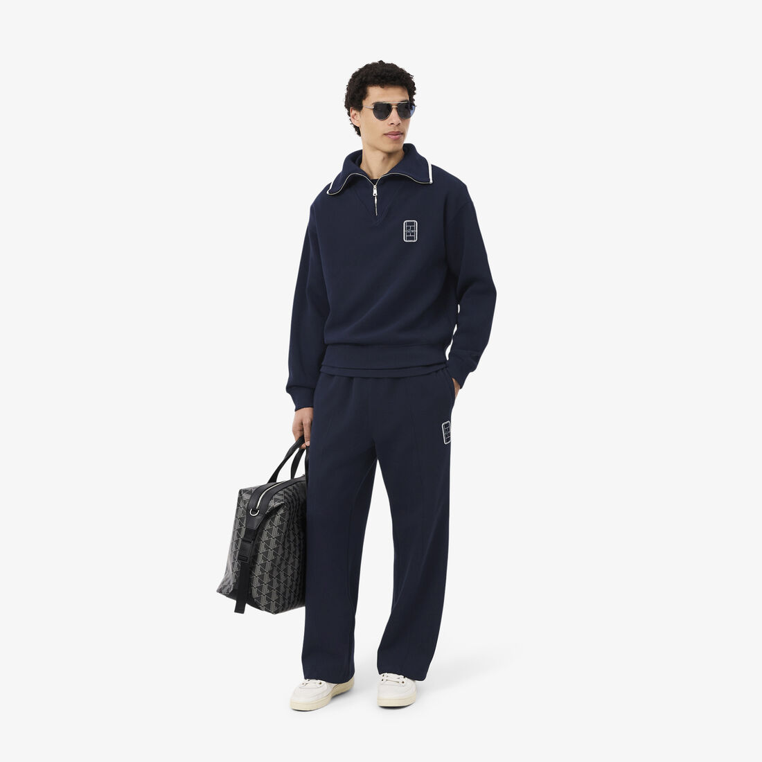 Loose Fit High Zipped Neck Badge Accent Sweatshirt Regular Fit Linen Suit Pants - SH8087-00-MXQ