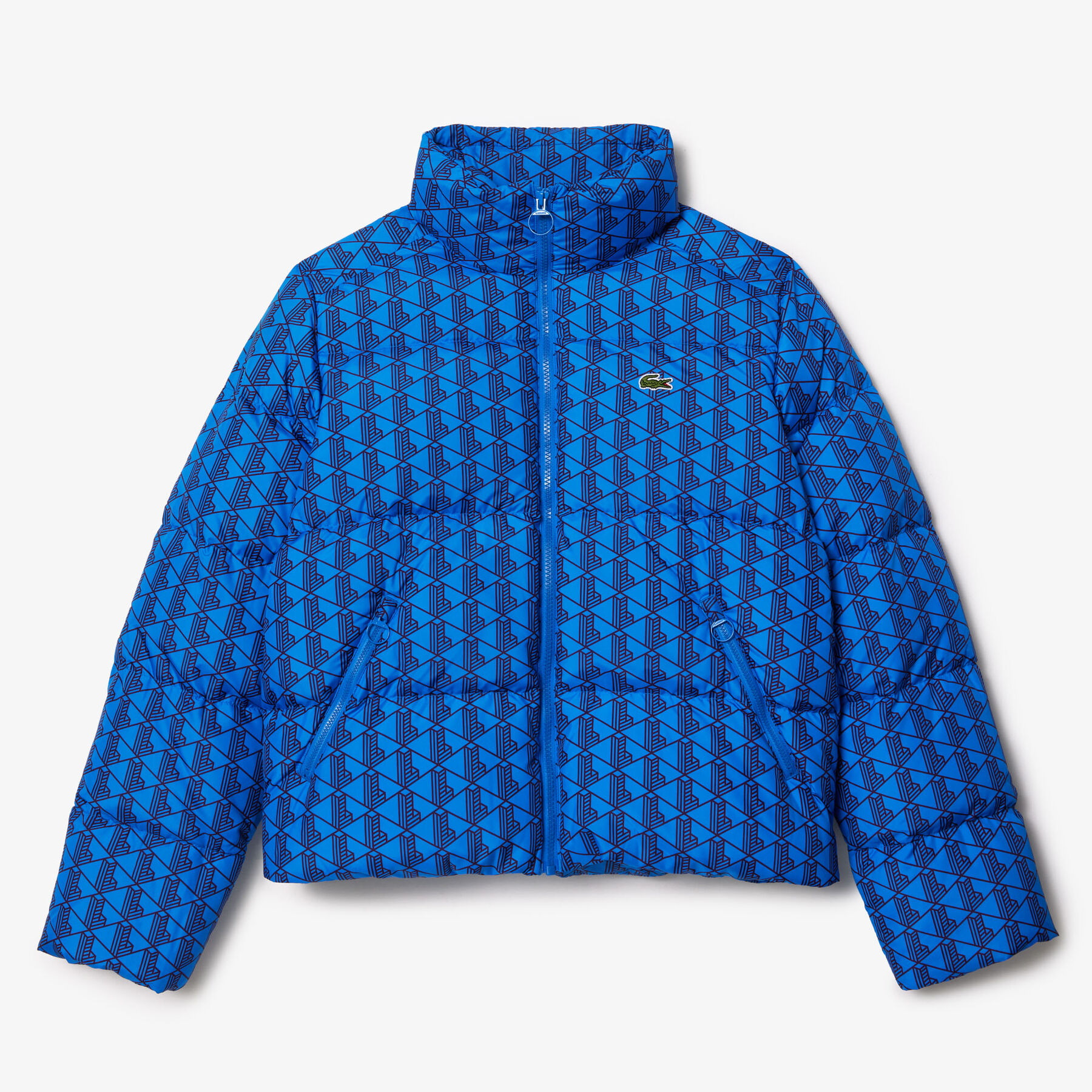 lacoste hooded monogram print puffer jacket with puffed croc at back