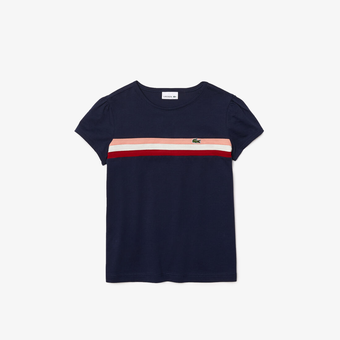 تيشيرت بناتي قطن مخطط بياقة دائرية وأكمام منتفخة