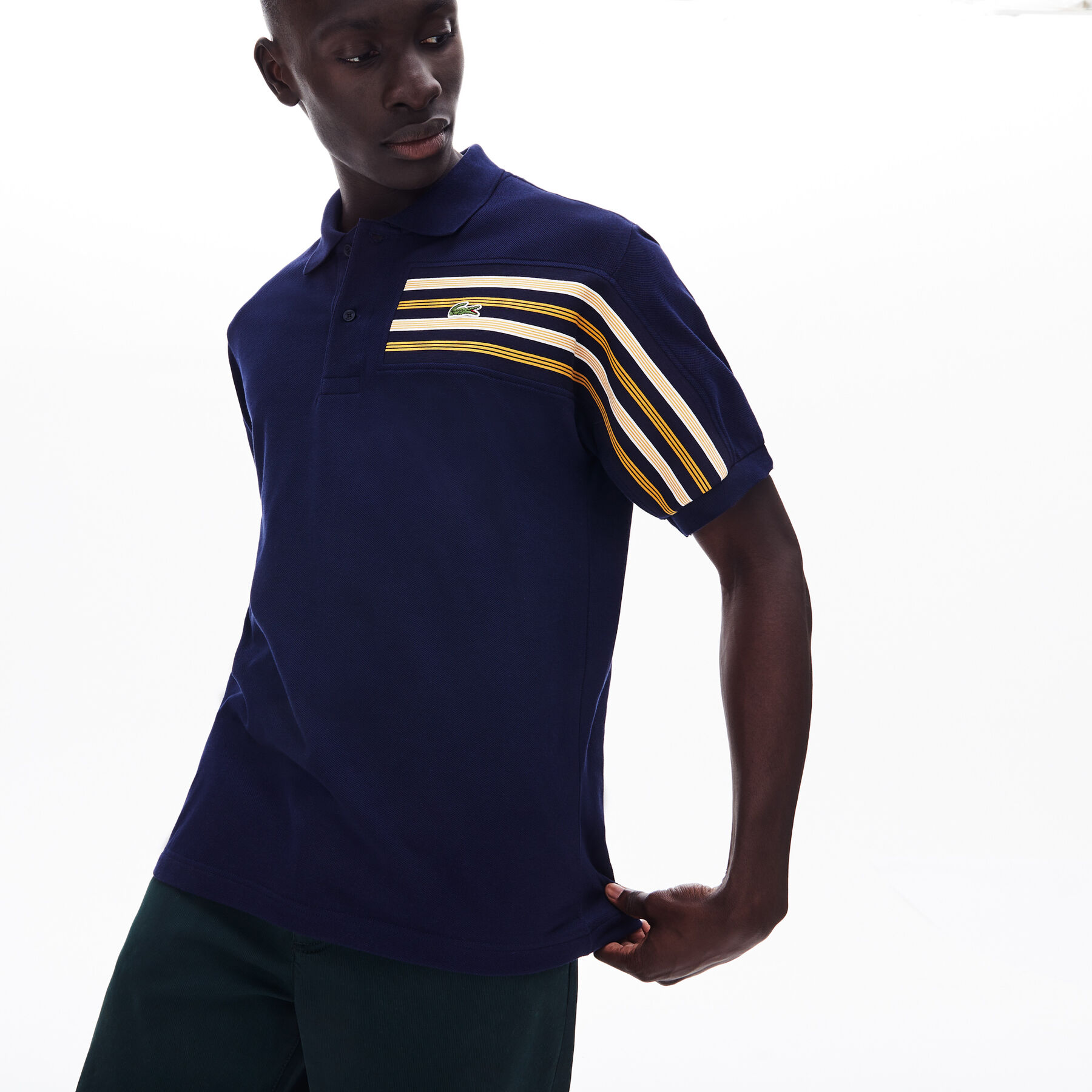 Men's Lacoste L.12.12 Striped Panel Cotton Piqué Polo Shirt men s lacoste l 12 12 striped panel cotton piqu polo shirt