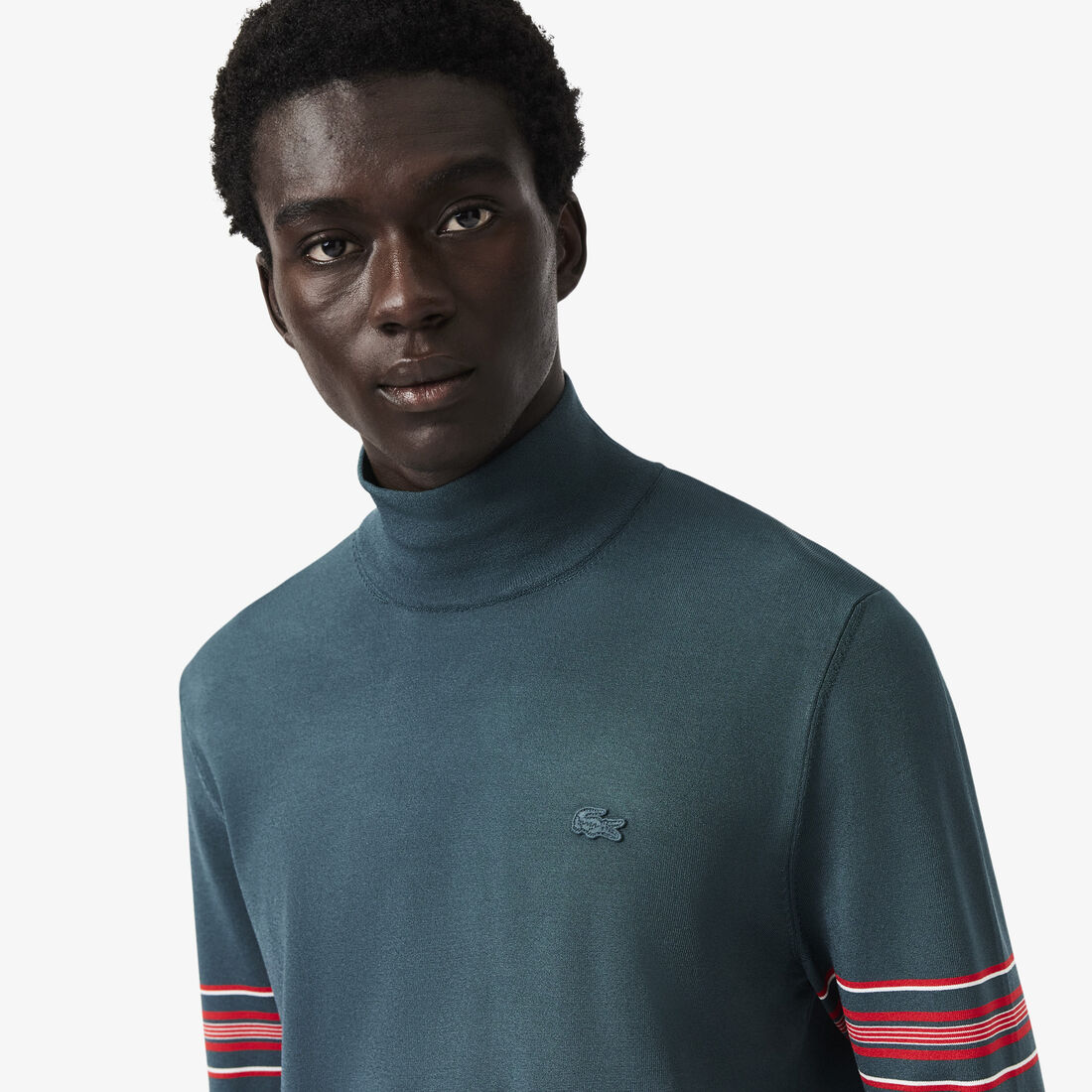 lacoste runway high neck striped jersey sweater