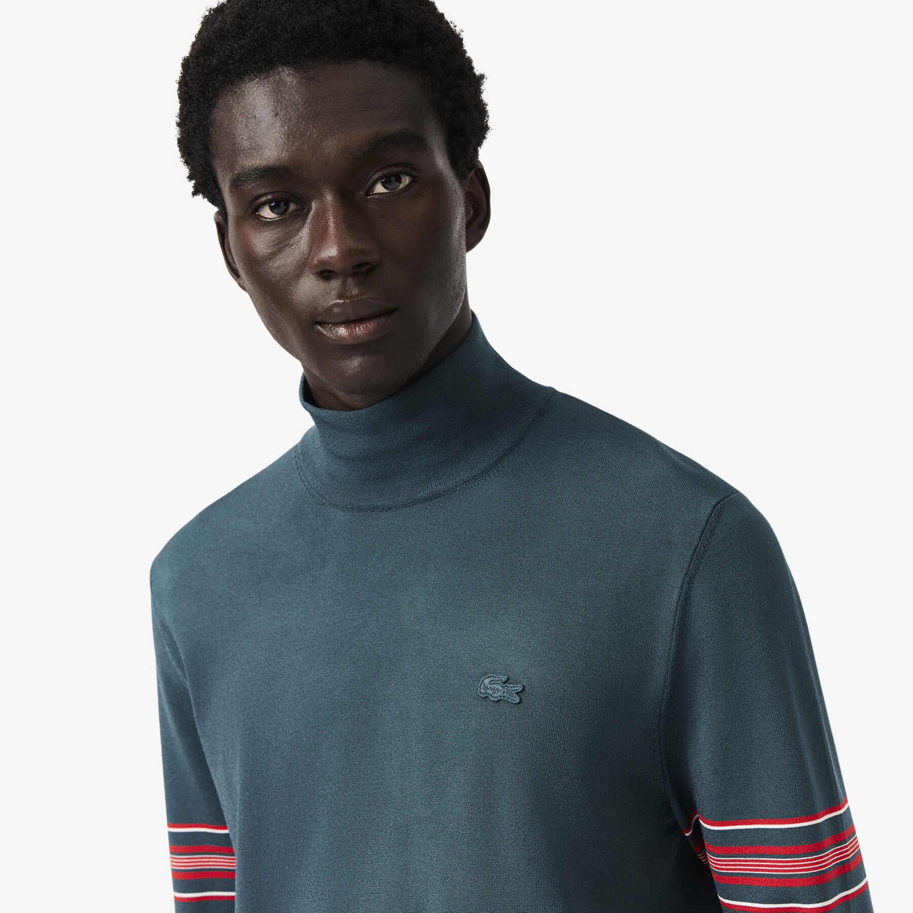 lacoste runway high neck striped jersey sweater
