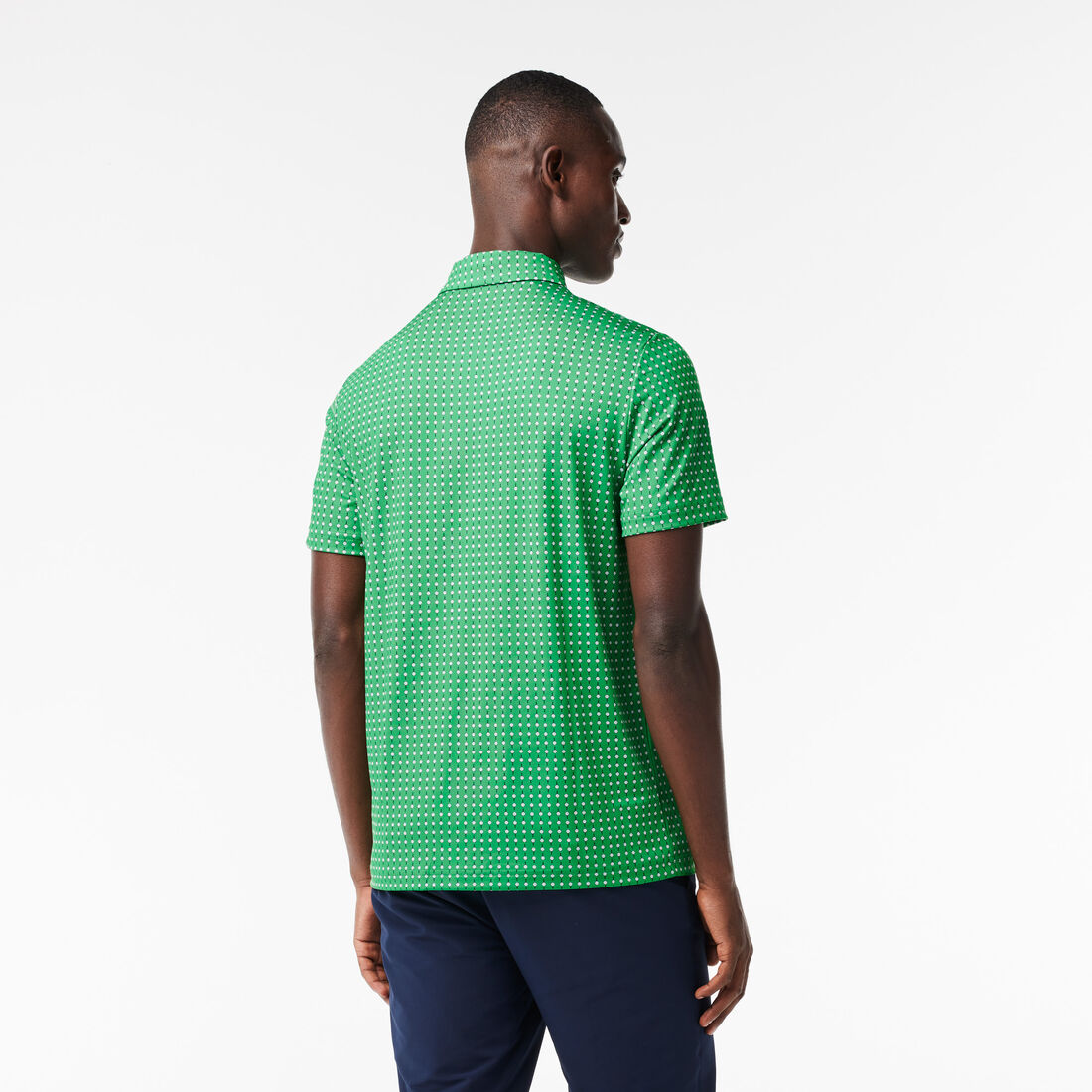 تي شيرت بولو قطن مطاطي بقصّة عادية ومزين بشريط يحمل كلمة Lacoste Men's Lacoste Golf Printed Recycled Polyester Polo Shirt - DH5175-00-QBI