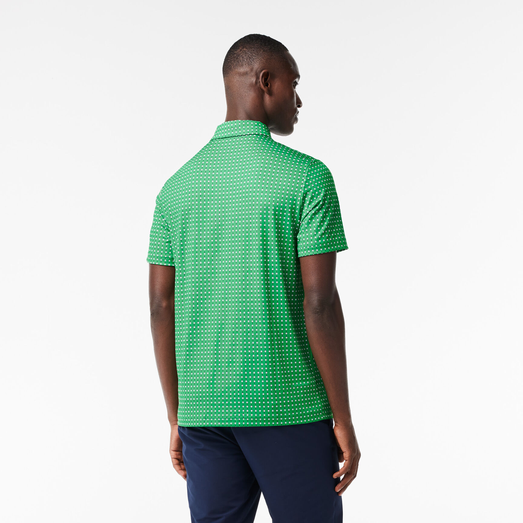 تي شيرت بولو قطن مطاطي بقصّة عادية ومزين بشريط يحمل كلمة Lacoste Men's Lacoste Golf Printed Recycled Polyester Polo Shirt - DH5175-00-QBI