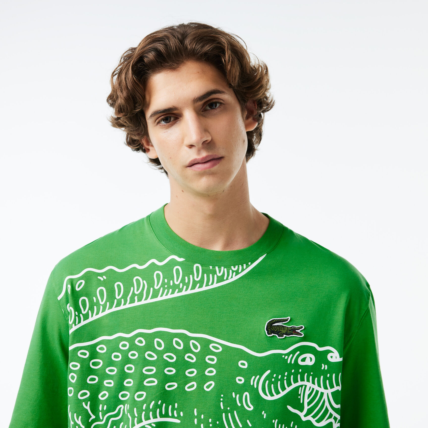 Men's Lacoste Round Neck Loose Fit Crocodile Print T-shirt - TH5511-00-SIW