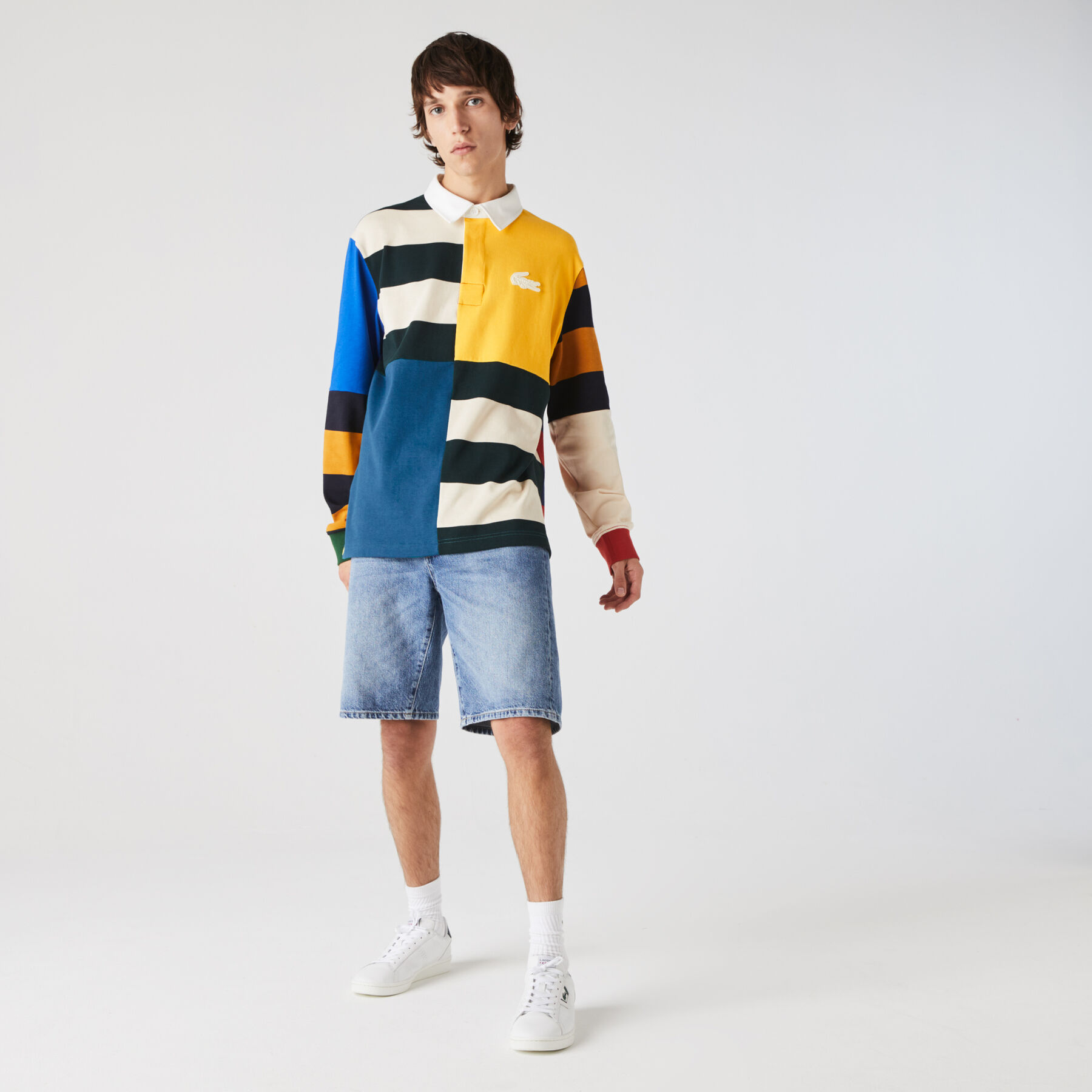 men s lacoste live loose fit colourblock cotton rugby style polo shirt