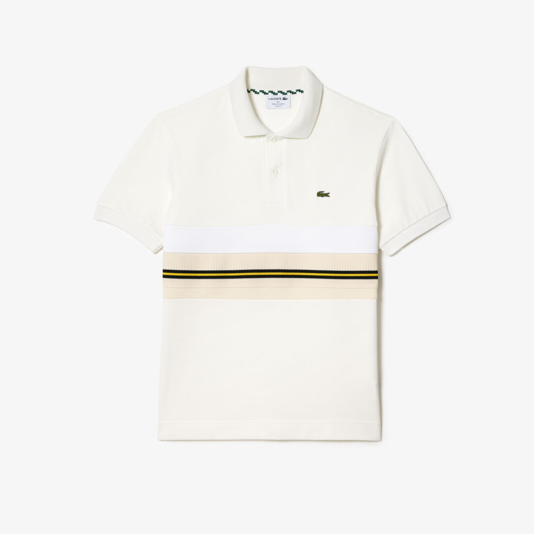 تي شيرت بولو لاكوست بيكيه مطاطي بطبعة مميزة لكلمة Lacoste French Made Contrast Stripe Polo Shirt - PH1132-00-70V
