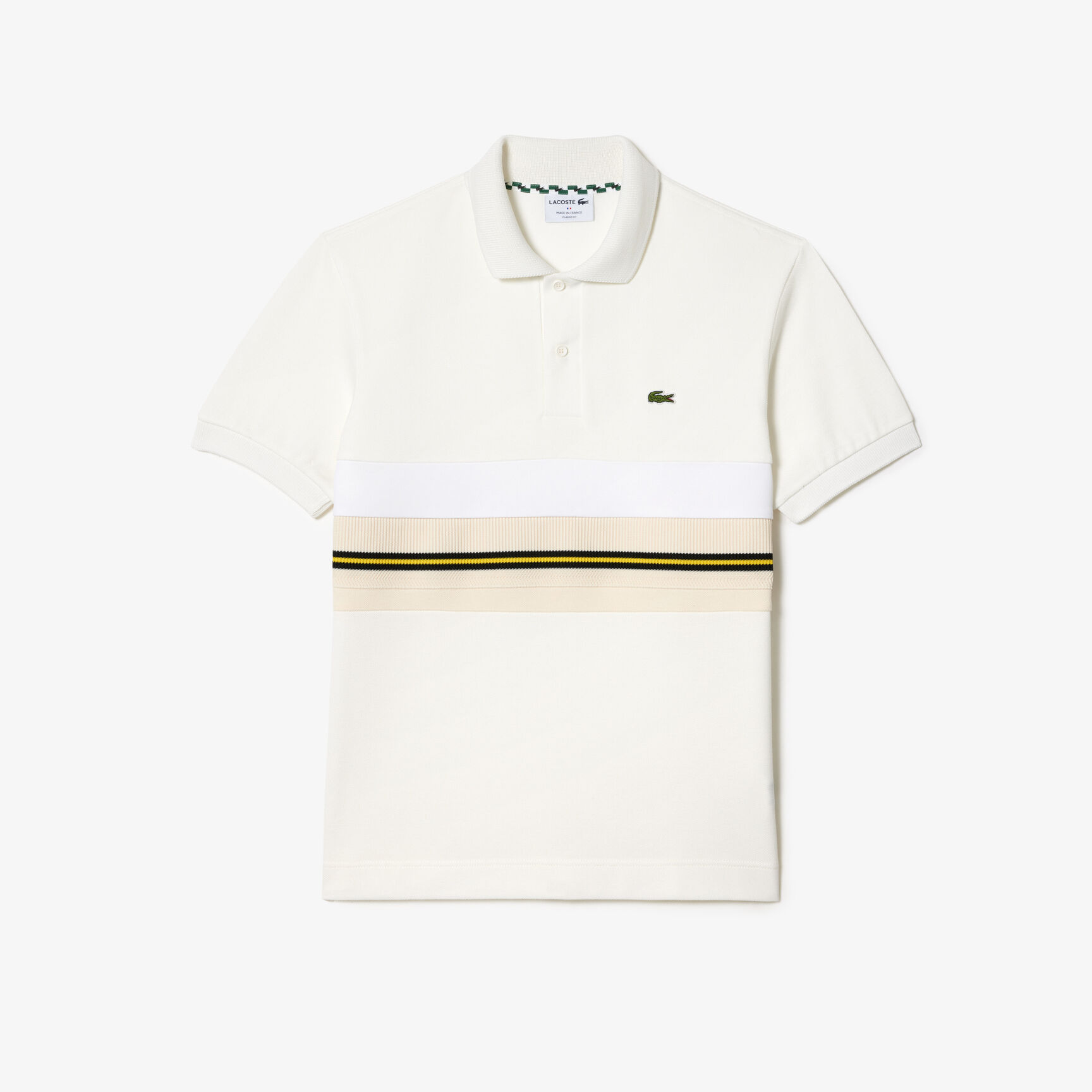 تي شيرت بولو لاكوست بيكيه مطاطي بطبعة مميزة لكلمة Lacoste French Made Contrast Stripe Polo Shirt - PH1132-00-70V