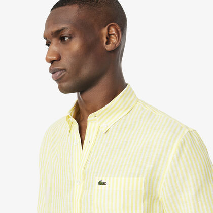 قميص كتان مخطط بقصّة عادية