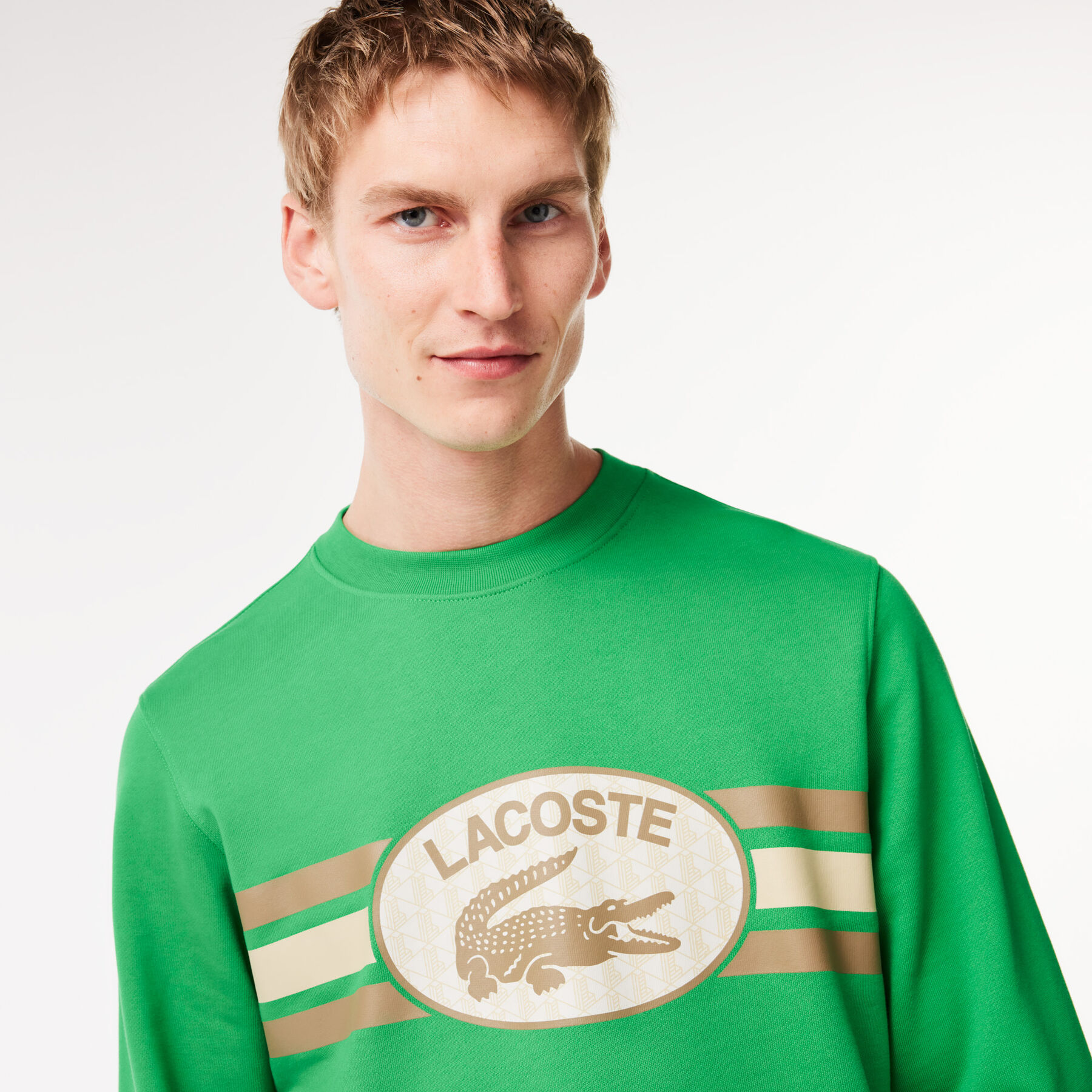 lacoste loose fit monogram print fleece sweatshirt