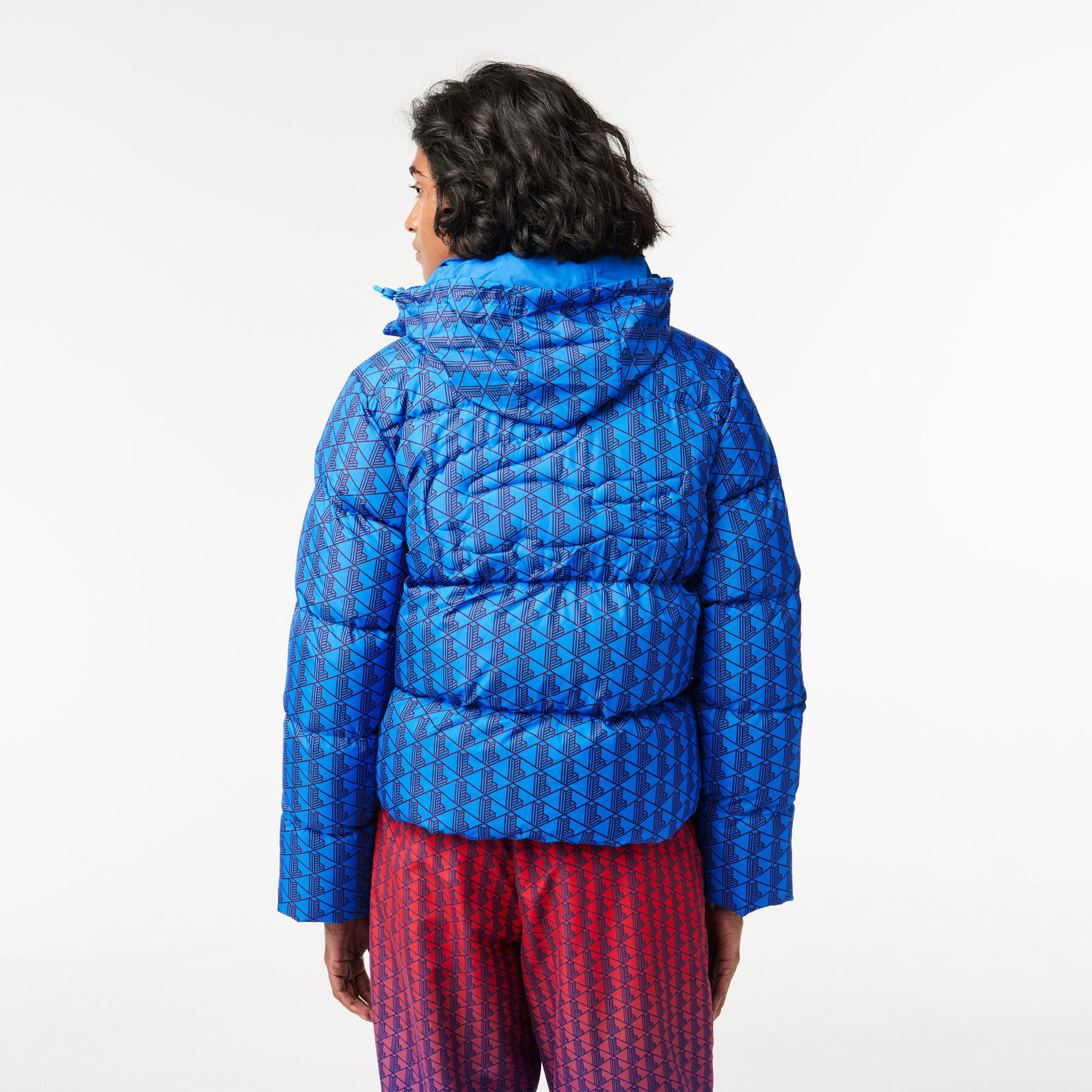 lacoste hooded monogram print puffer jacket with puffed croc at back