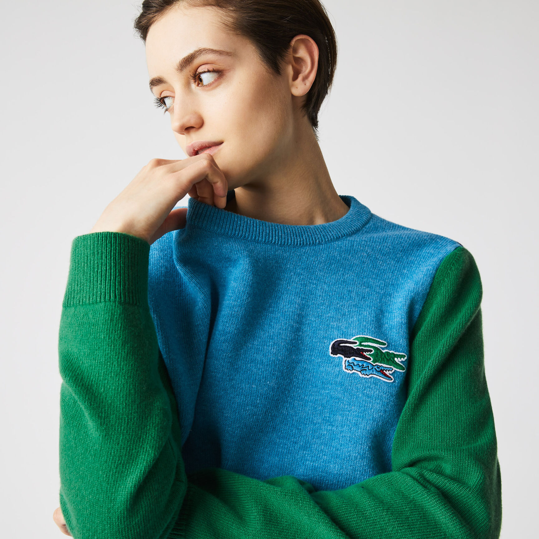 Women’s Crew Neck Crocodiles Badge Colorblock Wool Sweater Women’s Crew Neck Crocodiles Badge Colorblock Wool Sweater