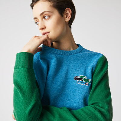 Women’s Crew Neck Crocodiles Badge Colorblock Wool Sweater