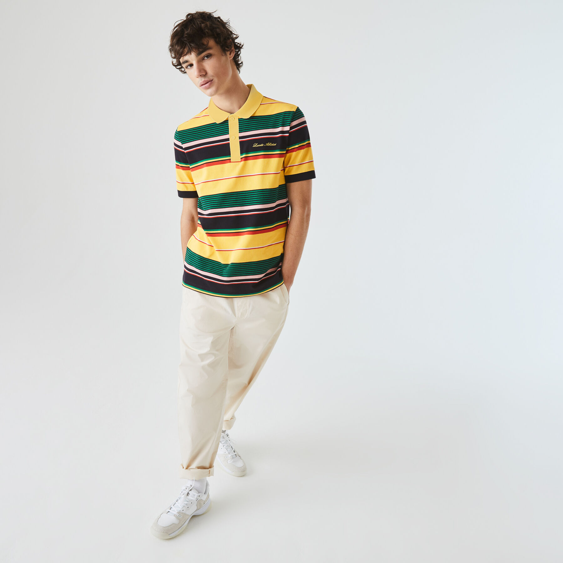 قميص بولو مقلم مطرز من بيكيه القطن مجموعة Lacoste LIVE للجنسين لاكوست قميص بولو مقلم مطرز من بيكيه القطن مجموعة lacoste live للجنسين
