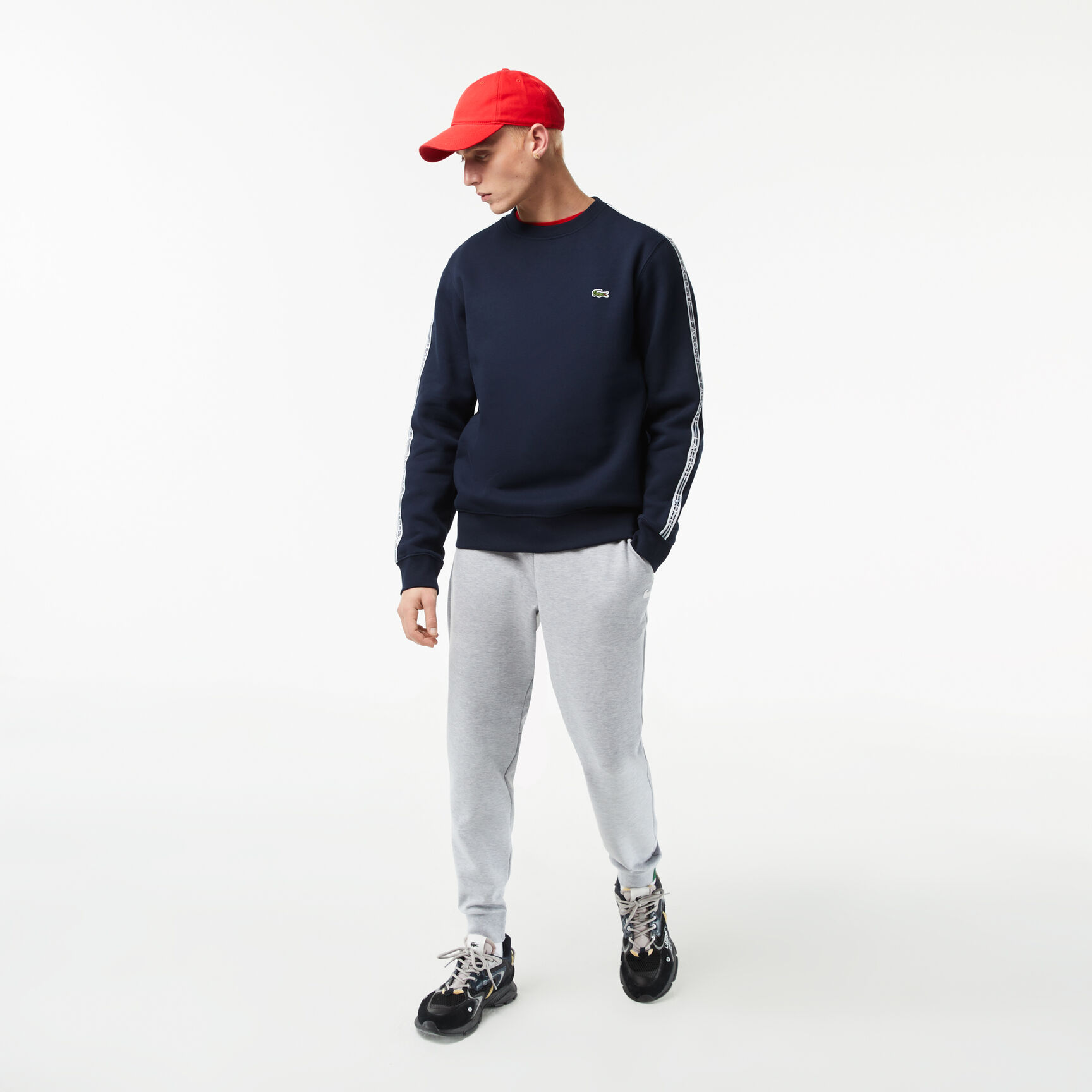 هودي رياضي بطبعة Lacoste Men's Classic Fit Logo Stripe Flannel Jogger Sweatshirt - SH5073-00-166