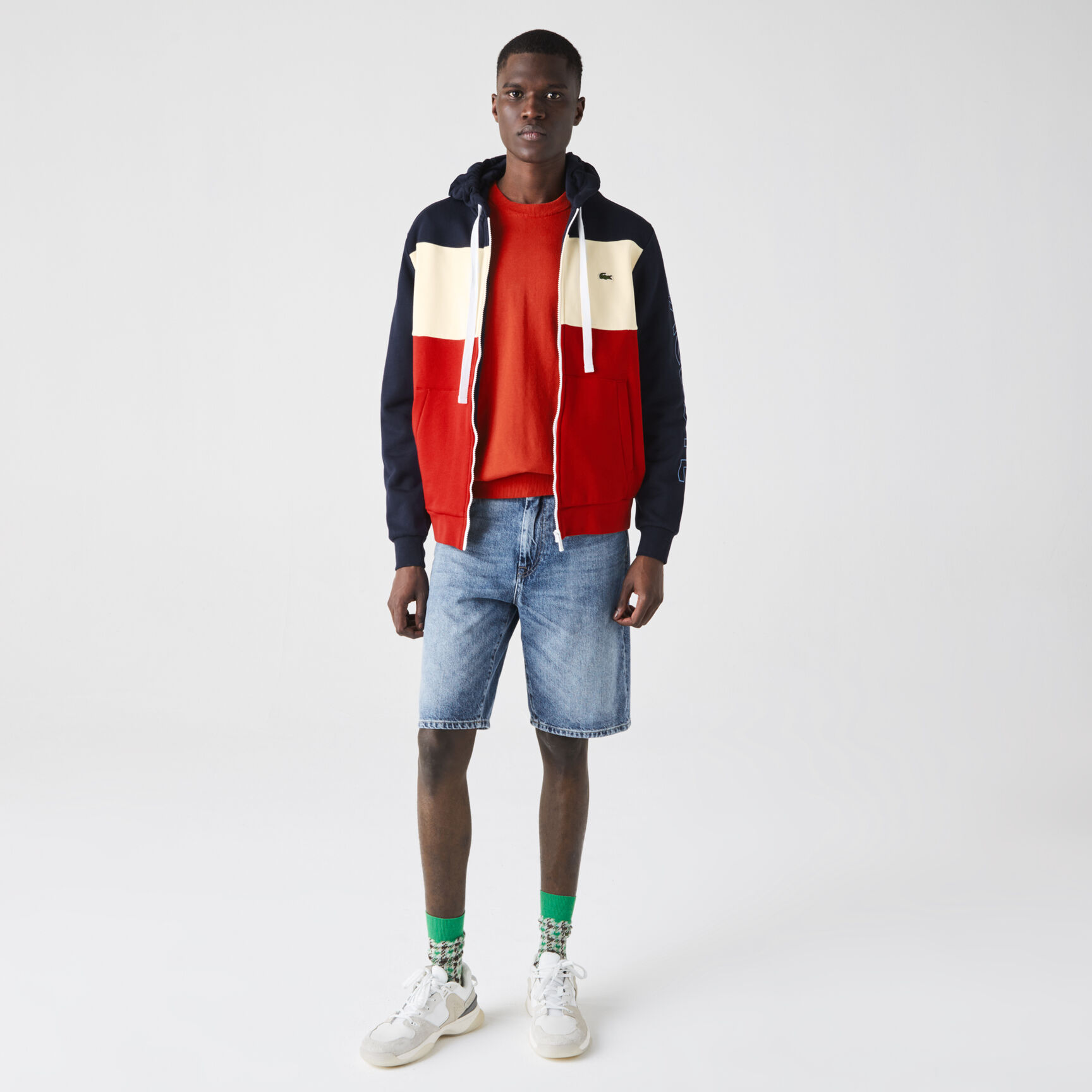 سويت شيرت صوف للرجال بسحاب وغطاء رأس وكتل لونية