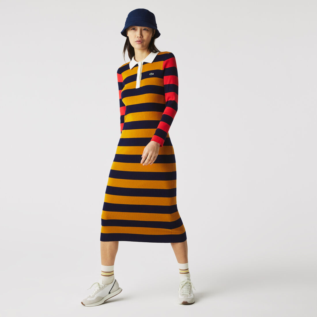Women’s Fitted Striped Ribbed Mid-Length Polo Dress Women’s Fitted Striped Ribbed Mid-Length Polo Dress