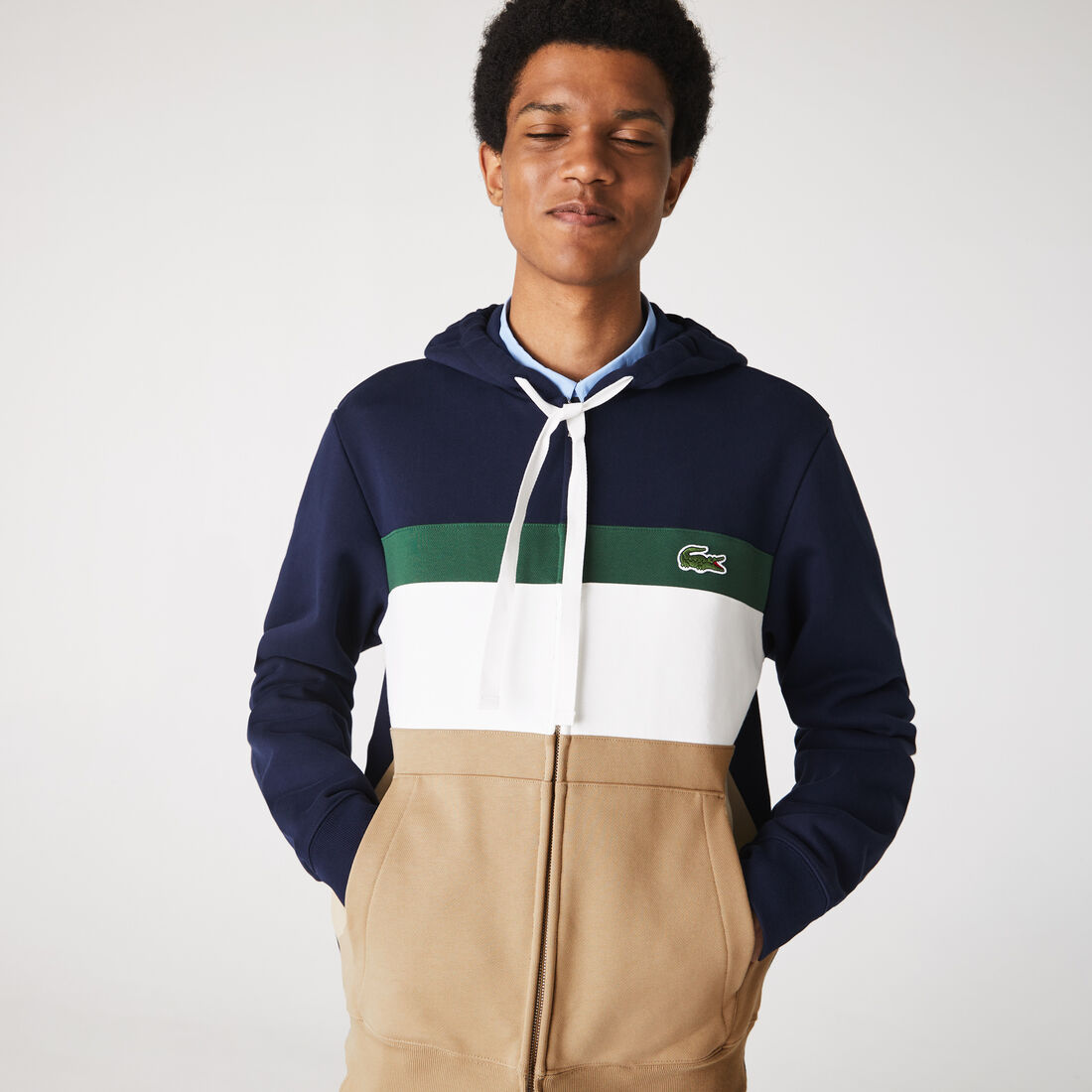 سويت شيرت صوف بسحاب مع غطاء رأس وكتل لونية للرجال